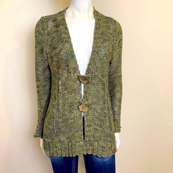 BCBGMAXAZRIA Olive Green Tweed Sweater Wooden Buttons L - Picture 1 of 6